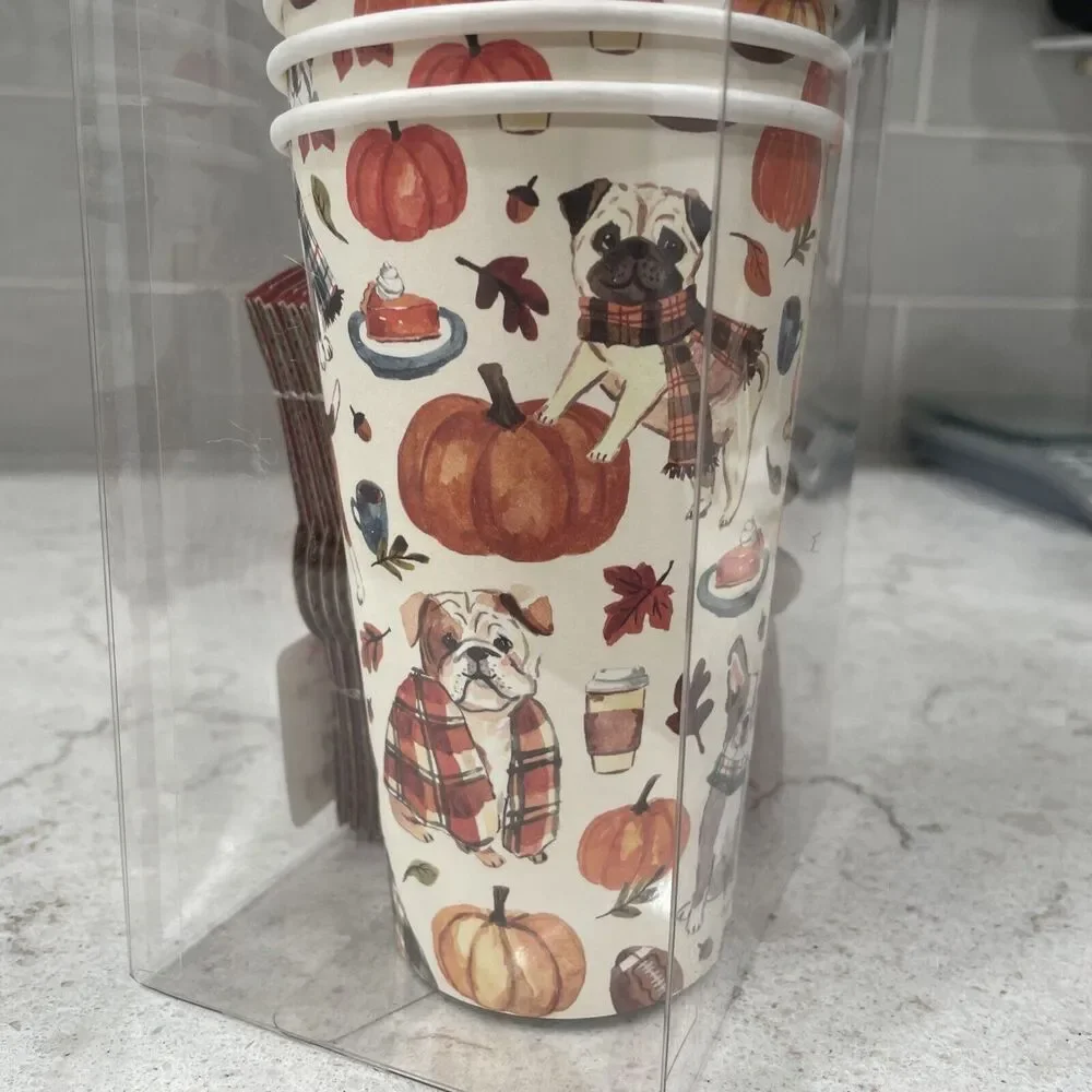 FALL DOGS Set of 12 Travel 16oz Disposable Cups Lids Sleeves Football Pumpkins